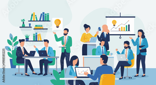 People collaborate in an office setting, discussing ideas and presenting data on screens