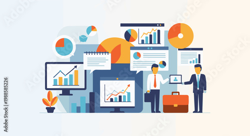 Business professionals analyze financial data and market trends on multiple screens