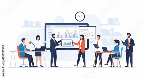 Diverse professionals collaborating and analyzing data in a modern office setting