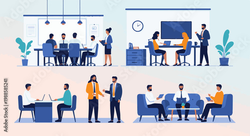 Diverse professionals collaborate and discuss in modern office settings