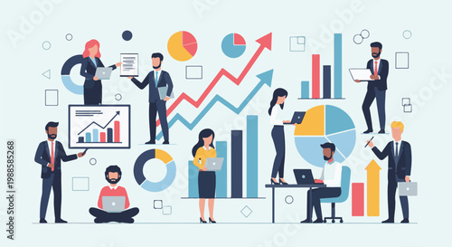 Business professionals collaborate and analyze data with charts and graphs in an office setting