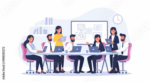 Diverse professionals collaborate in a modern office meeting, focused on digital strategy