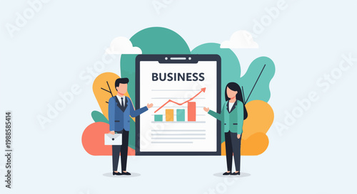 Two business professionals presenting a growth chart on a digital screen, surrounded by abstract natural elements