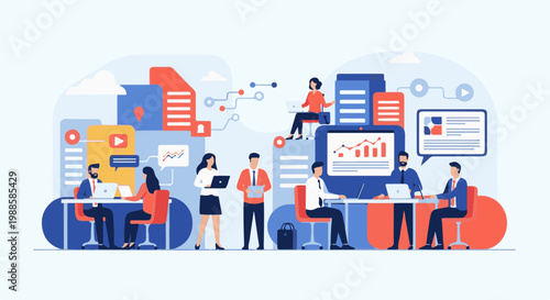 Diverse professionals collaborate on data analysis and project development, illustrating a dynamic workplace