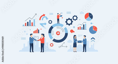 Diverse professionals collaborate with data charts and gears, symbolizing business growth and analytics