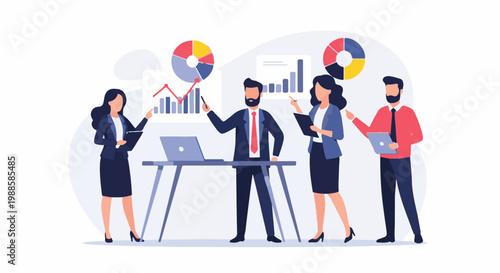 Diverse business professionals collaborating and analyzing data with charts