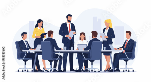 Diverse professionals in suits collaborate around a modern conference table in an office setting