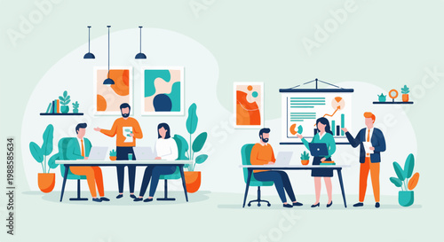 Employees in a modern office collaborate on projects, presenting data and discussing strategies