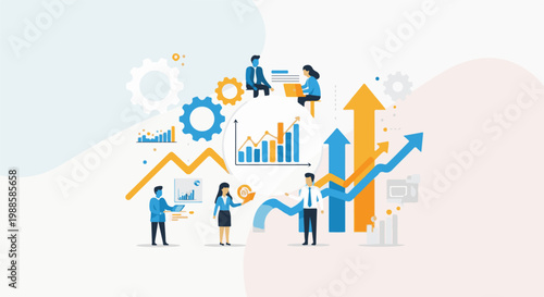 Business team collaborating with charts and upward trending arrows