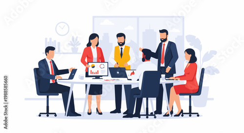 Colleagues collaborate on a project during a business meeting, presenting data and using technology