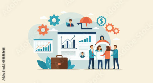 Team collaboration and analysis of growth charts with gears and financial icons