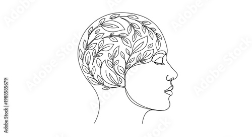 Abstract head profile with botanical elements, representing nature, growth, and mental well-being.
