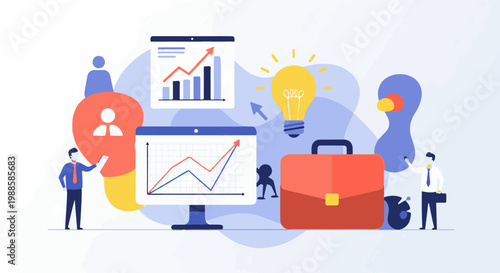 Business professionals collaborate on ideas and data analysis, showcasing growth and innovation