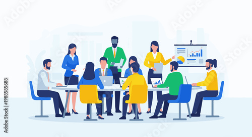 Diverse professionals collaborate around a table with laptops and charts, symbolizing teamwork