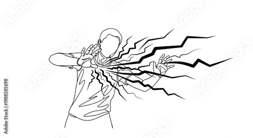 Abstract lightning striking person, energy discharge, concept of power and impact, line art illustration