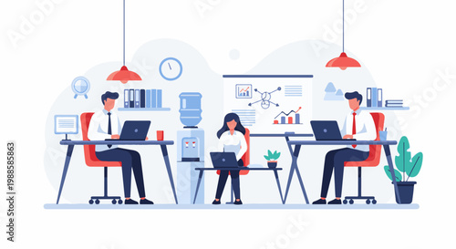 Office scene with three people working at computers, charts on the wall