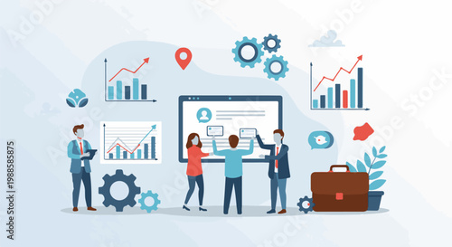 Business professionals analyze data charts, collaborate on screen with gears and briefcase