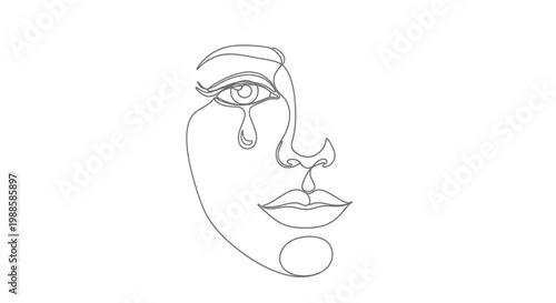 Abstract Sad Woman Face Line Art, Single Line Drawing, Tear Drop