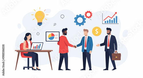 Business professionals collaborate and celebrate success with charts, graphs, and ideas