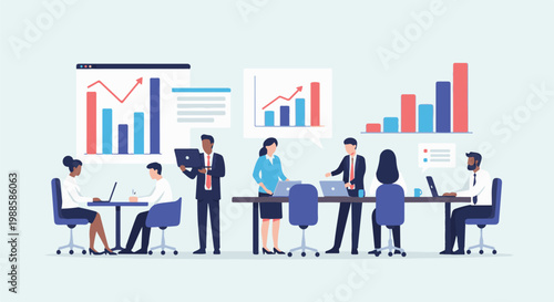 Diverse professionals in a modern office collaborate with data charts and laptops, fostering teamwork