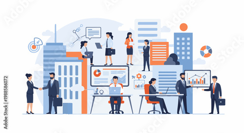 Business professionals collaborate amidst city buildings, discussing data and growth