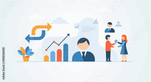 Business presentation with charts, people, and arrows indicating progress and exchange