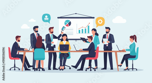 Diverse professionals collaborate around a table with charts on a screen