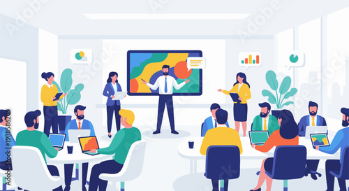 Diverse professionals collaborate in a bright, modern office meeting room, presenting data on screens