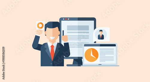 Professional man with business charts, computer, and laptop