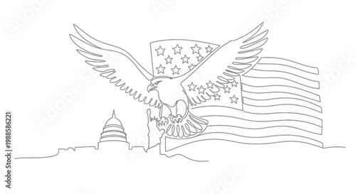 American Eagle, US Flag, Capitol Building - Minimalist Line Art