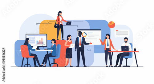 Business professionals collaborate around charts, screens, and laptops in a modern office setting