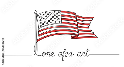American Flag Waving on Pole, Hand Drawn Style, Independence Day Celebration