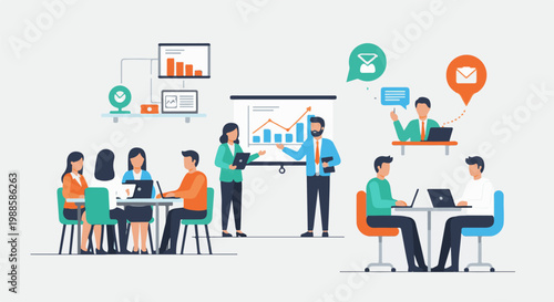 Diverse team collaborates on project, presenting data and engaging in discussions