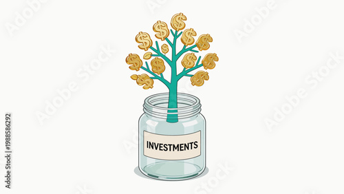 Money tree growing in jar labeled investments