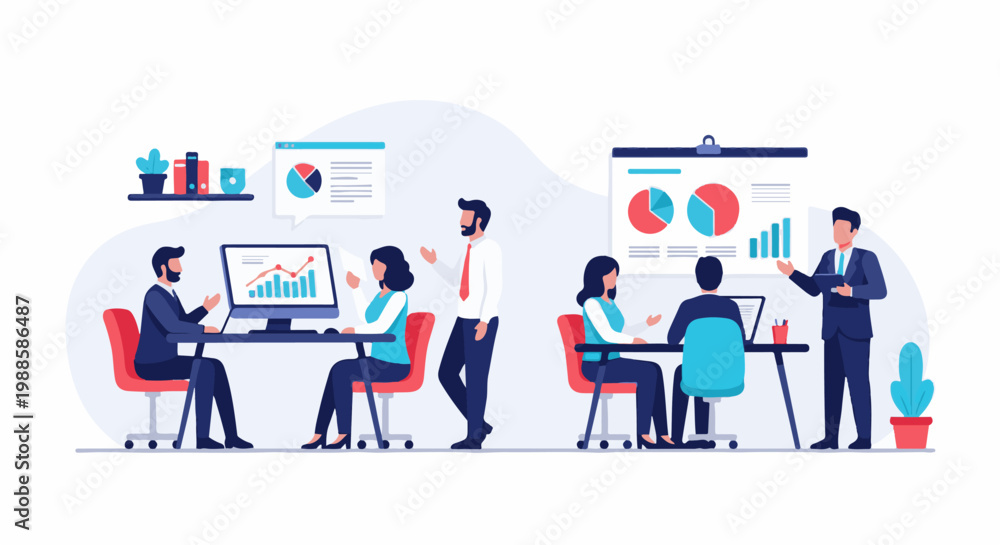 Obraz premium Office meeting with data presentation on screens and charts
