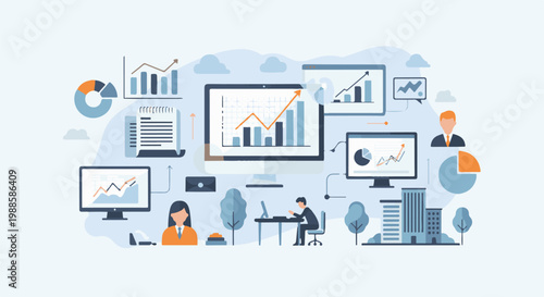 Business analytics and data visualization with graphs, charts, computers, and office buildings