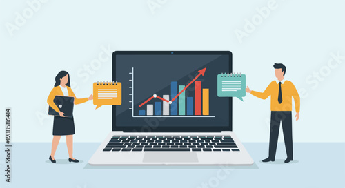 Two professionals discuss upward business trend on laptop screen displaying bar graph and rising arrow