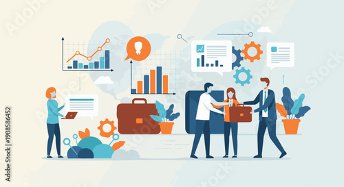 Business professionals collaborate, analyze data, and exchange ideas with digital tools and office elements