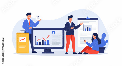 Business team analyzing data on screens and presentations in a modern office setting