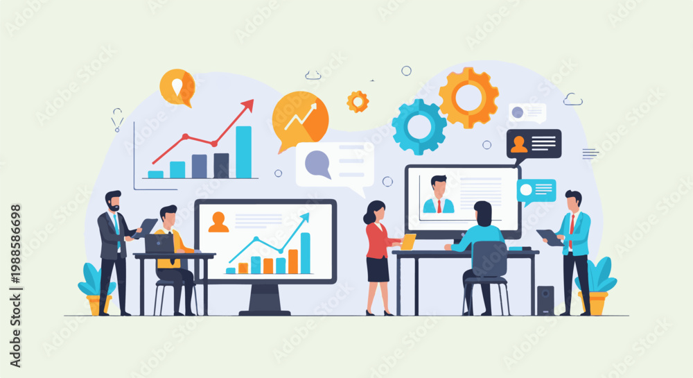 Obraz premium Diverse professionals collaborate, analyzing growth charts and discussing ideas in a modern office setting