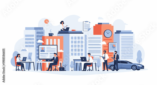 Modern office scene with diverse professionals collaborating and a sleek car parked nearby