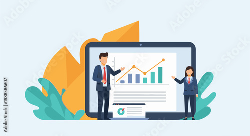 Business professionals presenting data visualization on a tablet screen