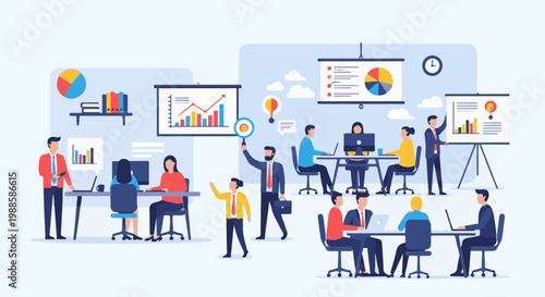 Diverse professionals collaborating in a modern office, presenting data on screens, with interactive meetings