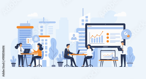 Diverse people collaborate in a modern cityscape, analyzing data on screens