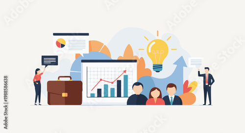 A team collaborates on a business idea, represented by graphs, a lightbulb, and discussion