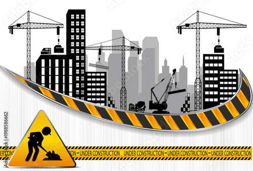 Construction site with buildings and cranes, roadblock sign and caution tape city urban