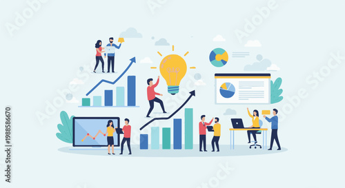 Diverse team collaborates on growth charts, a bright idea illuminates their progress