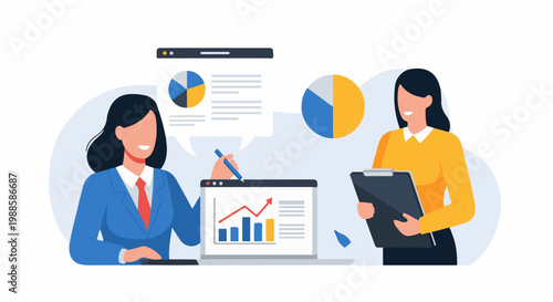Two women analyzing data and charts on screens, one writing