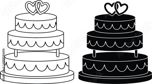 Tiered wedding cake illustration set with heart toppers in black silhouette and minimalist line art for marriage celebration vector