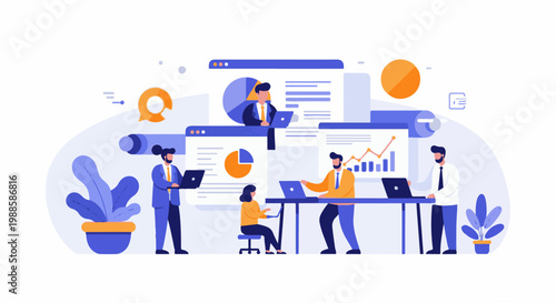 Diverse professionals collaborate on digital dashboards with charts and data visualization